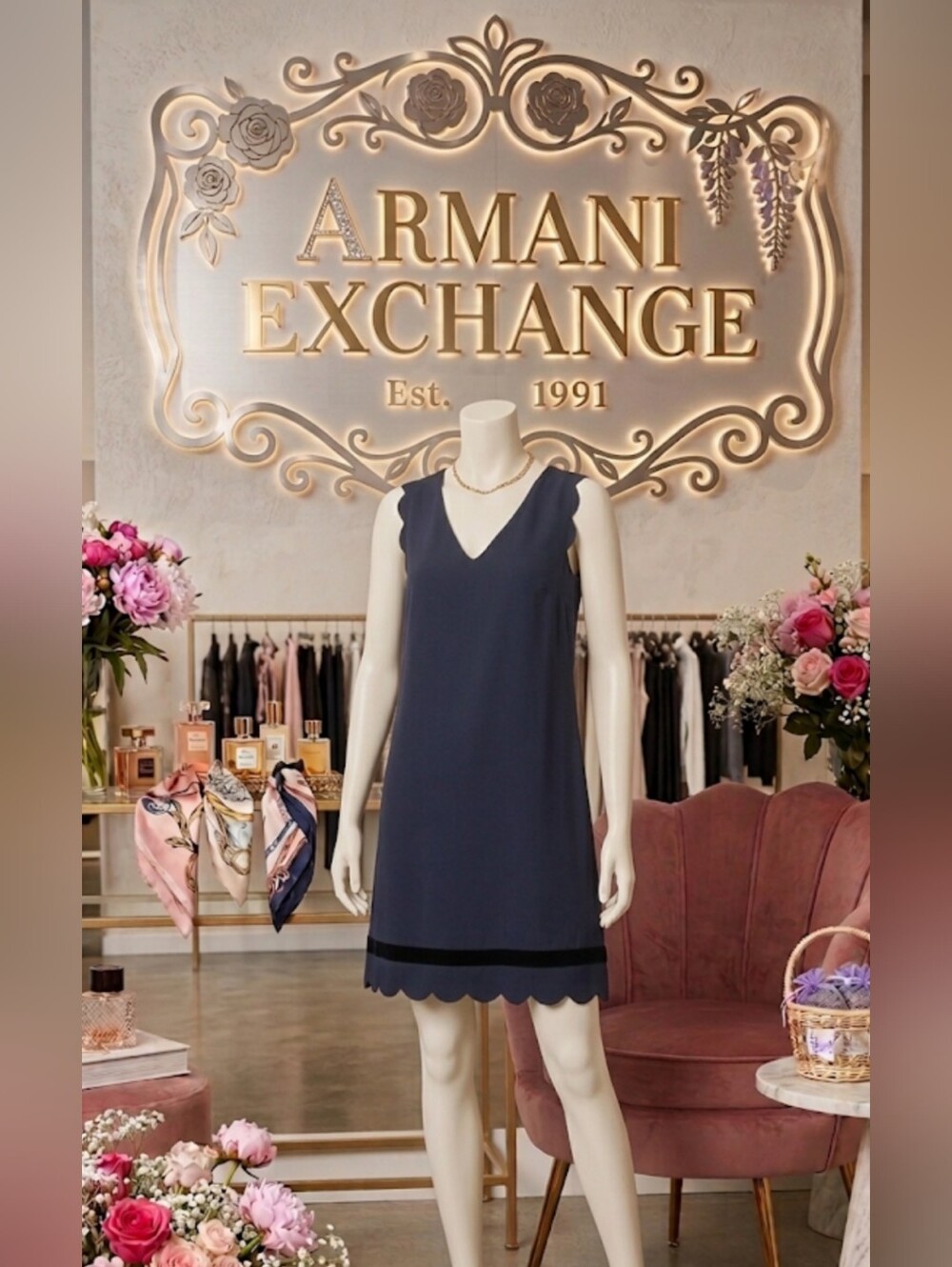 Armani Exchange Scalloped Sheer Stripe Shift Dress